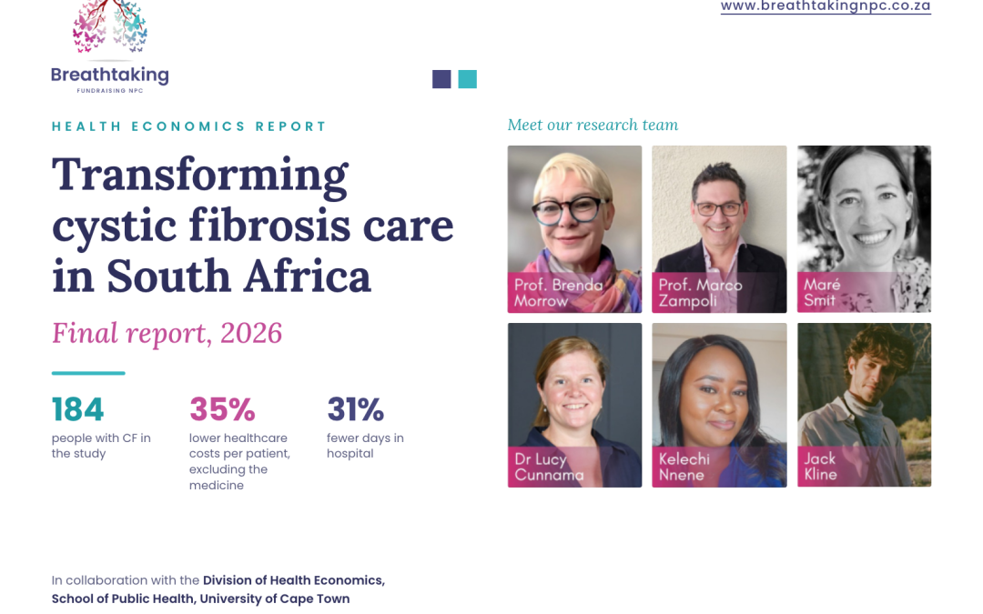 Health Economics Report 2026 cover: Transforming cystic fibrosis care in South Africa, final report, with photographs of the six-person research team