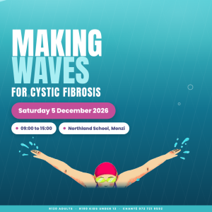 Illustrated swimmer rising through deep teal water under the words Making Waves for Cystic Fibrosis, Saturday 5 December 2026, Northland School Monzi